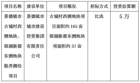 景德鎮(zhèn)市古城村西側(cè)地塊、銀湖新都東側(cè)地塊勘界測繪項目計劃公告